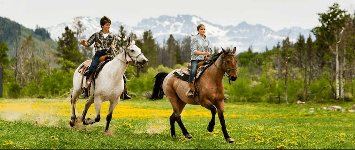 Confident plus-size woman riding Lyme Regis a horse through a field with a smile on her face.
